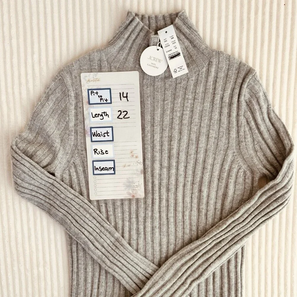 NWT J.Crew Womens 100% Cashmere Turtleneck XS Wide Rib Gray Sweater Luxury Chic